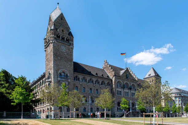 The Prussian government building (Preußische Regierungsgebäude) from 1906 on the bank of the river Rhein in Koblenz. The building was planned by emperor Wilhelm II himself and was the seat of the former Prussian government for the Koblenz administrative district of the Rhine Province and the main tax office.