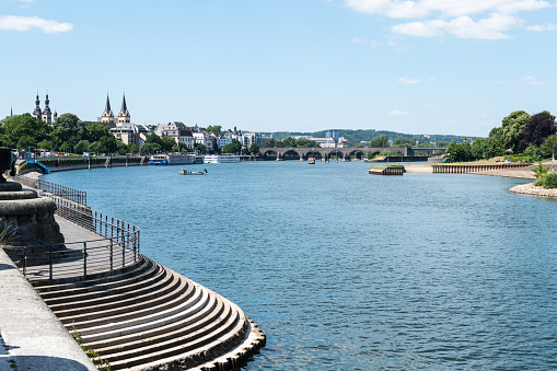 Moselle river flowing along the Deutsches Eck in Koblenz.