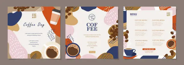 Vector illustration of Set of sketch banners with coffee beans on minimal background for poster, cover, menu, social media post or another template design. vector illustration.