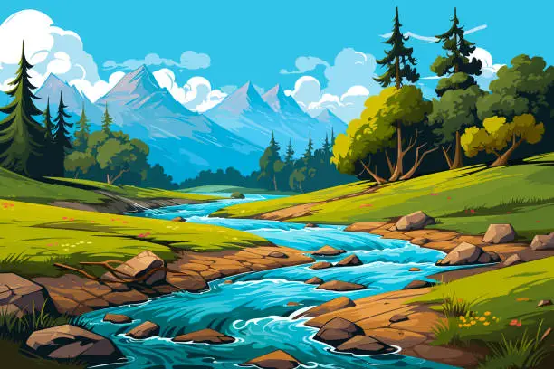 Vector illustration of landscape of river and mountains with green trees