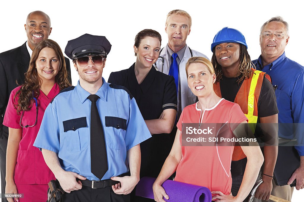 Grupo de personas de diversas profesiones aisladas en blanco - Foto de stock de Accesorio de cabeza libre de derechos