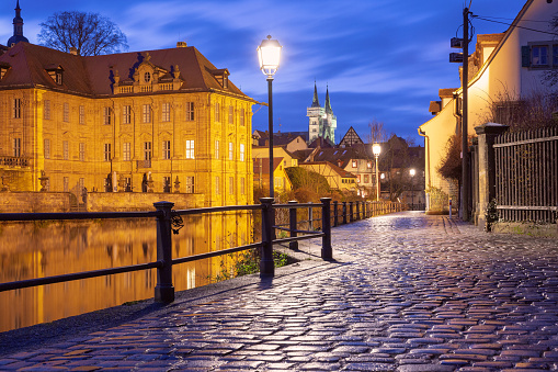 Scenic view of Old town over Regnitz river at night in Bamberg, Bavaria, Upper Franconia, Germany
