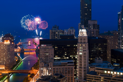 Aerial View of Fireworks Over Chicago at Dusk