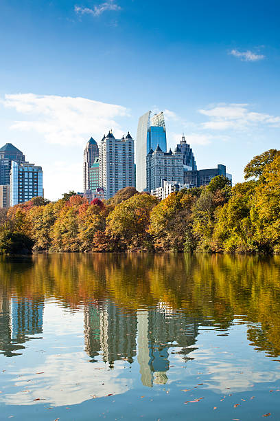 istock Atlanta skyline reflecting in lake 183289573