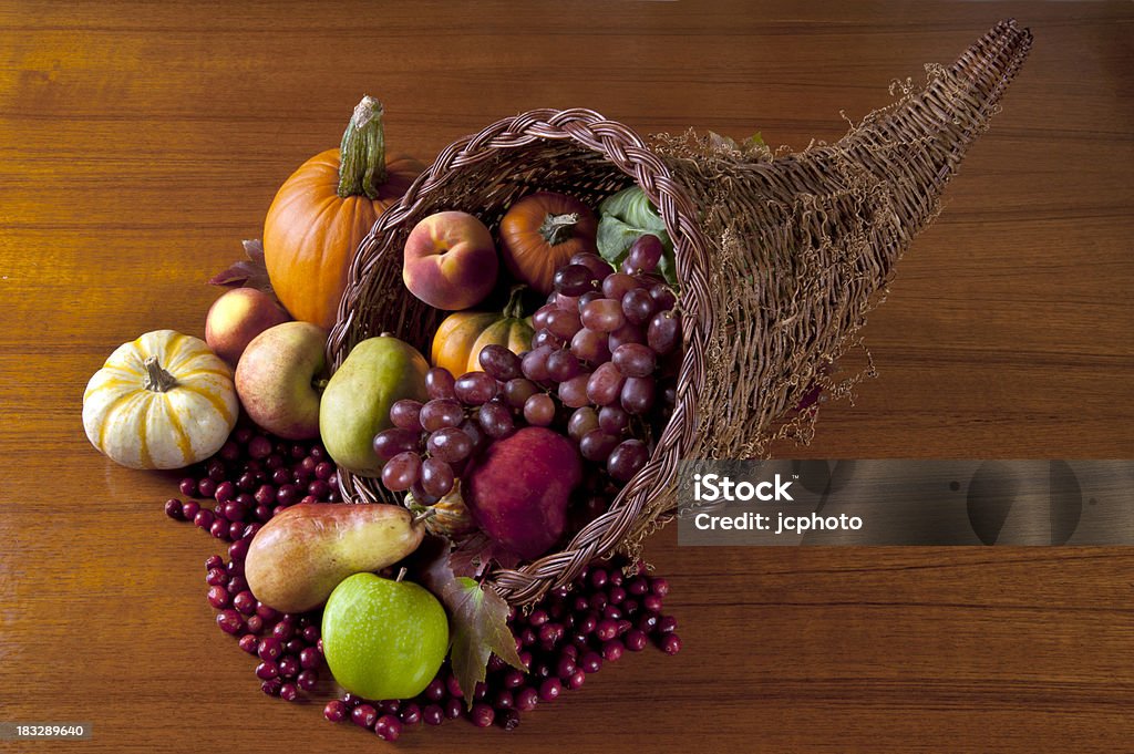 cornucopia harvest cornucopia on wood table Apple - Fruit Stock Photo