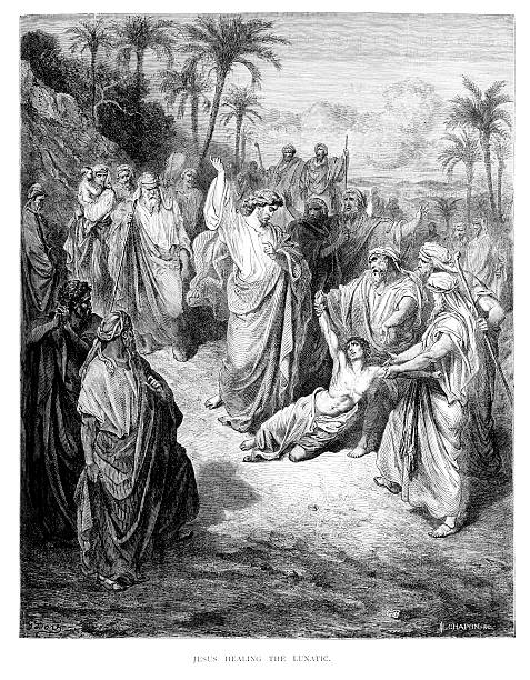 Jesus Healing the Lunatic Vintage engraving from the 1870 of a scene from the New Testament by Gustave Dore showing Jesus Healing the Lunatic. exorcism stock illustrations