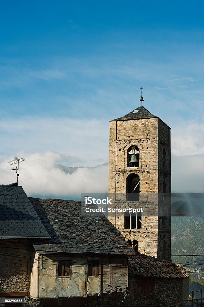 Romanesque church. View of a romanesque style church in the Pyrenees mountains. Durro. Antenna - Aerial Stock Photo