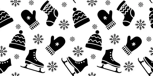 Vector illustration of Winter seamless pattern with mittens, skates, hat, sock, snowflakes. Christmas background, vector illustration.