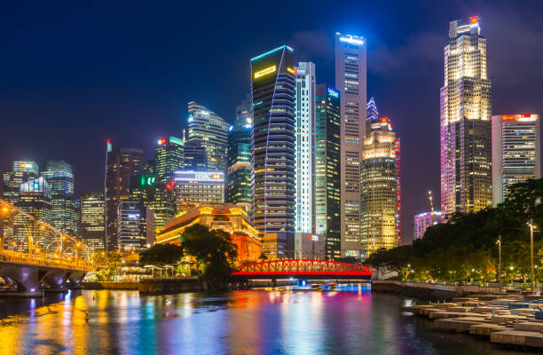 istock Glittering skyscrapers illuminated at night overlooking Singapore River Marina Bay 1832909012