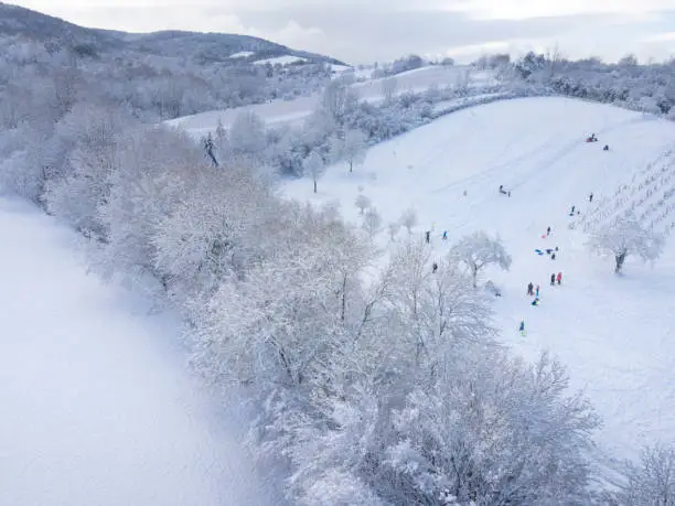 aerial drone flight over beautiful winterwonderland, lower austria, lot of snow