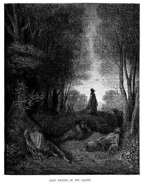 Jesus Praying in the Garden Vintage engraving from the 1870 of a scene from the New Testament by Gustave Dore showing Jesus Praying in the Garden garden of gethsemane stock illustrations