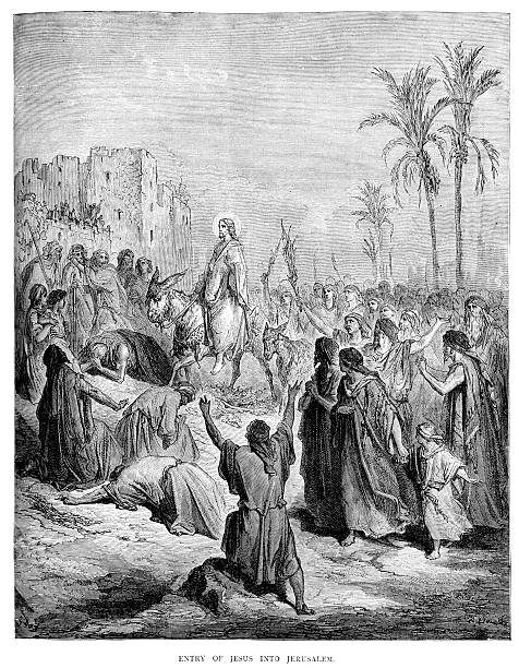 entry of jesus into jerusalem - kudüs illüstrasyonlar stock illustrations