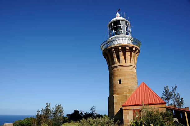Barrenjoey Head lighthouse overlooking Palm Beach, Pittwater and Broken Bay. New South Wales, Australia. Copy space. 