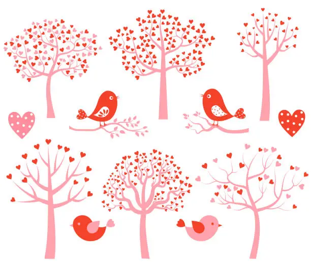 Vector illustration of Cute vector romantic set with birds, trees and branches in pink and red colors for greeting cards and invitations for Valentine's day