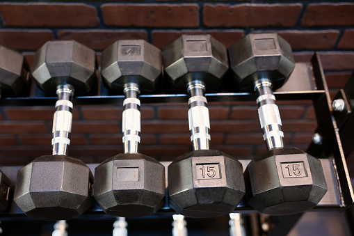 Assorted heavy hand weights lined up on the rack