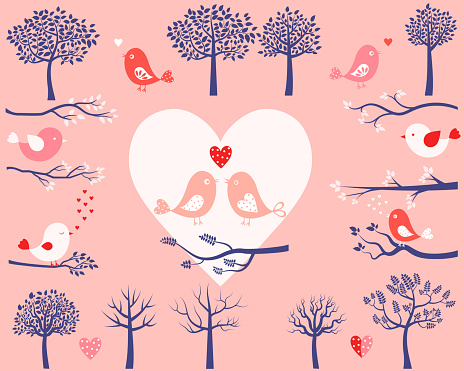 Valentine day design elements with birds, trees, branches and hearts in pink, red and blue colors for greeting cards and invitations