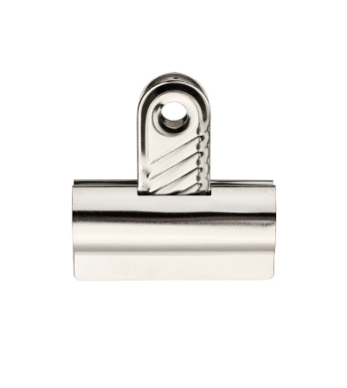 A studio shot of a silver bulldog clip isolated on a white backgroundwith clipping path