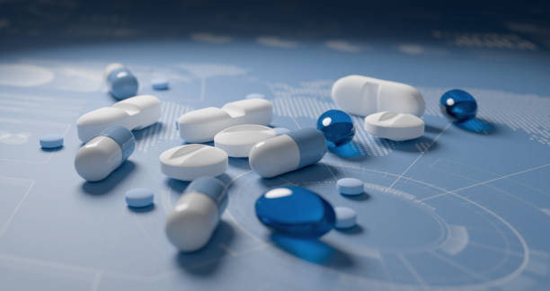 Heap of medications on blue background Pills, tablets and capsules on world map with charts blue background. International pharmaceutical research concept. medicine stock pictures, royalty-free photos & images