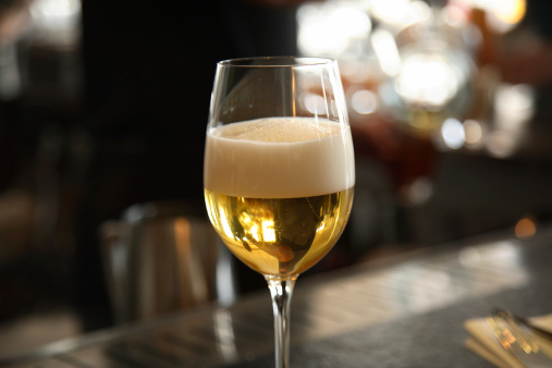 A glass of beer in a popular San Francisco restaurant.