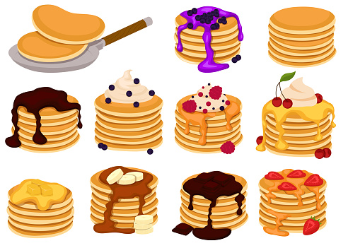 Set of four pancakes with different toppings. Stacks of tasty pancakes with maple syrup, butter, chocolate syrup, fruits and jam. Hotcake morning cuisine.