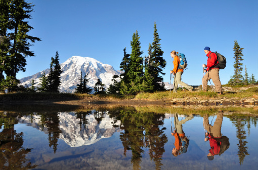 istock Two men hiking with Mt. Rainier in the background 183293453