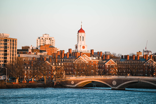 Cambridge, MA, USA - June 20, 2018: The historic architecture of the iconic Harvard University in Cambridge, Massachusetts, USA.