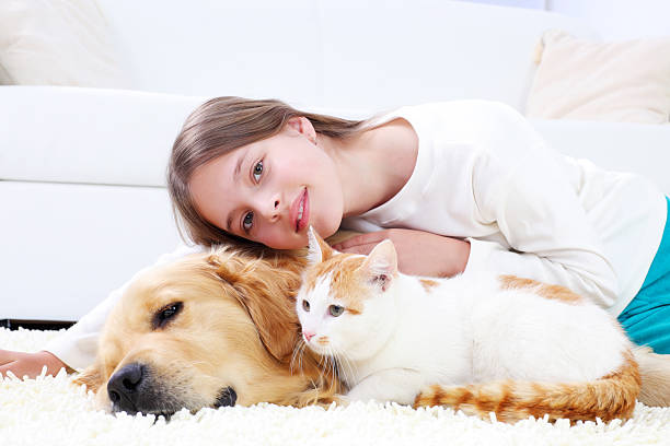 istock Cute girl lying on the white carpet with pets. 183293802