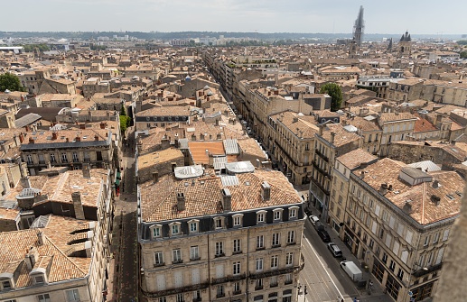 This aerial view of the city of summer skyline church of the Sacred Heart in Bordeaux, France