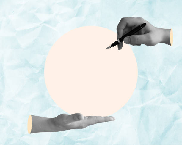 istock Contemporary art collage Hand holding a pen and open hand, bottom and copy space in the middle, uneven textured background 1832952085