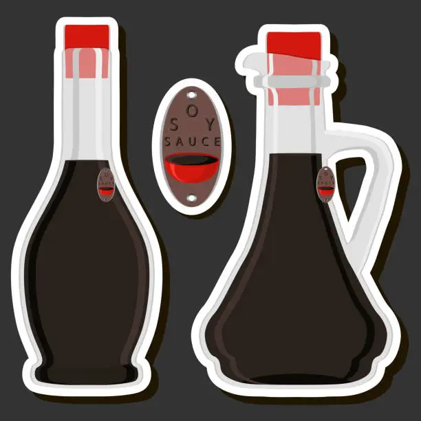 Vector illustration of Illustration on theme big kit varied glass bottles filled liquid soy sauce