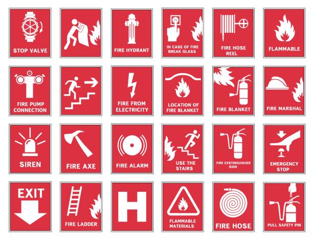 Signs of the necessary actions during a fire.  Fire warnings and actions. Vector illustration. Signs of the necessary actions during a fire.  Fire warnings and actions. Vector illustration. EPS 10. red hammer stock illustrations