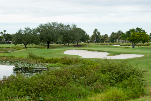 Peeking view of golf course hole from the side of the green.