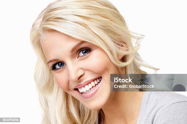 Cheerful Young Woman Against White Background Stock Photo - Download Image Now - 20-29 Years, Adult, Adults Only