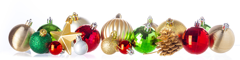 3d render, set of traditional red green glass ball ornaments for Christmas tree decoration, holiday clip art isolated on white background