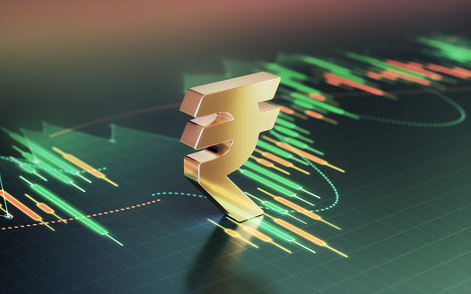3d render Indian Rupee Sign Sitting on Green Orange Financial Stock Exchange Chart Background (Depth of field)
