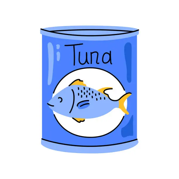 Vector illustration of Hand drawn tuna can color element. Cartoon unprocessed food.