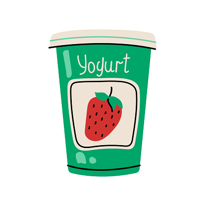 Hand drawn packaged yogurt color element. Cartoon unprocessed food. Isolated vector illustration.