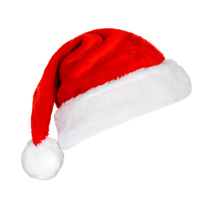 A festive red and white Santa hat on a white background