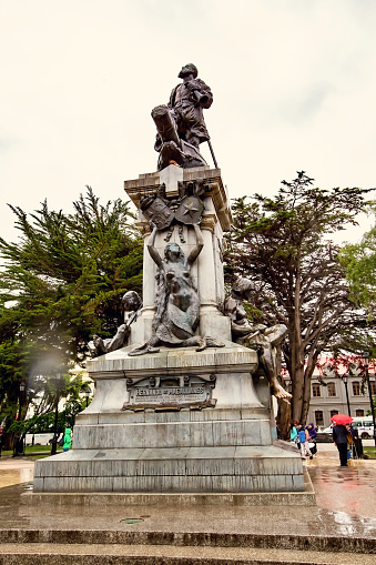 Statue of Ferdinand Magellan on central square of Punta Arenas Chile