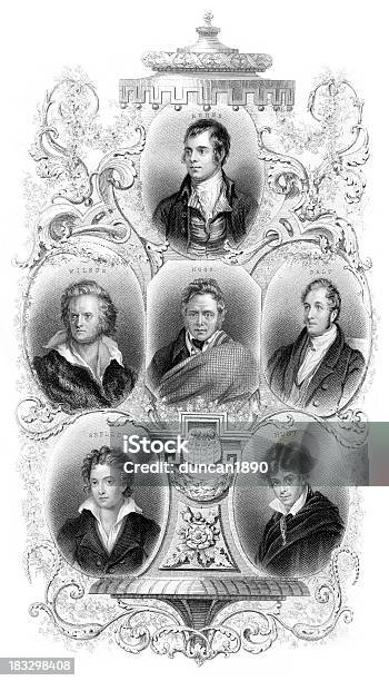 Ilustración de Británicos Famosos Y Wirters Poets y más Vectores Libres de Derechos de Robert Burns - Poeta - Robert Burns - Poeta, Percy Bysshe Shelley, Poeta