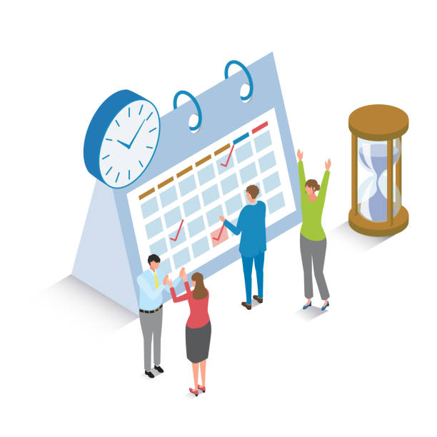 ilustrações de stock, clip art, desenhos animados e ícones de illustration of a business team with plenty of time before the deadline - hourglass time purple deadline