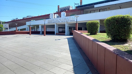 Buenos Aires, Argentina, December 5, 2023: This image was taken in the Parque Patricios neighborhood, in December 2023, we can see the entrance of the Garrahan hospital on a Saturday afternoon. concept of public attention.
