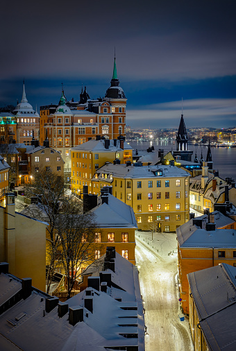 View to Gamla Stan district in central Stockholm, Sweden during a beautiful sunset.