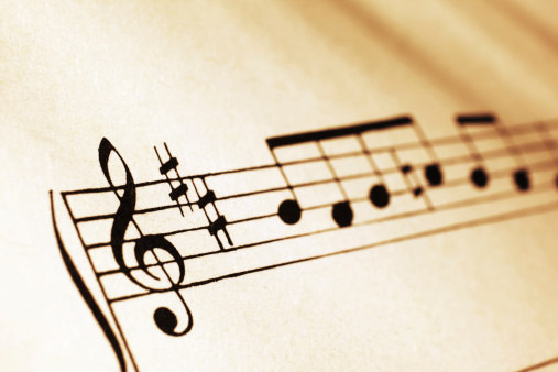 Close-up shot of musical symbols on sheet music in sepia tone.Similar images -