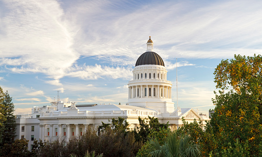 The state capitol building in Sacramento, California, shortly before sunset (stitched from multiple photos).