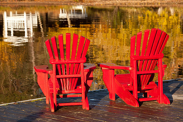istock A pair of red Adirondack chairs on a dock. 183300503