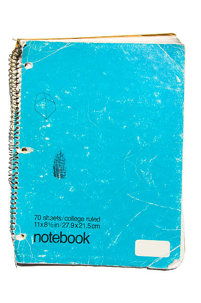 Worn Eighties Notebook Worn 80's notebook.Papers & grunge layer series. blue ruled stock pictures, royalty-free photos & images