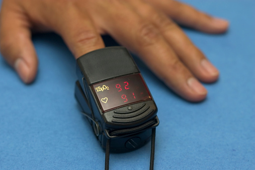 close up of portable pulse oximeter showing oxygen saturationSimilar images:
