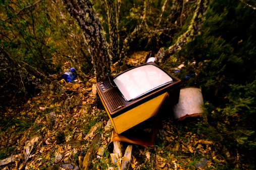 An old tv abandoned in a forest. Garbage and rubbish in a forest.