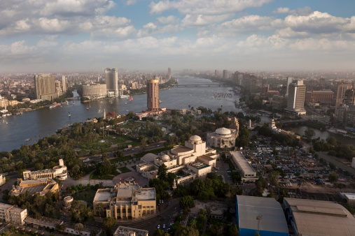 Misty aerial view of Cairo and Nile river in Egypt.